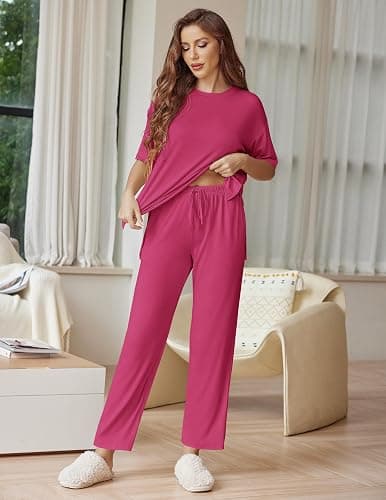 Ekouaer Lounge Sets for Women Short Sleeve Tops and Long Pants Soft Comfy Pajamas Set 2 Piece Outfits thumbnail 4