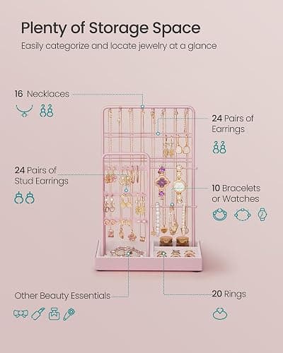 SONGMICS Jewelry Holder, Jewelry Organizer, Jewelry Display Stand with Metal Frame, Velvet Tray, Necklace Earring Bracelet Holder, for Studs, Rings, Gift Idea, Jelly Pink UJJS021R01 thumbnail 5