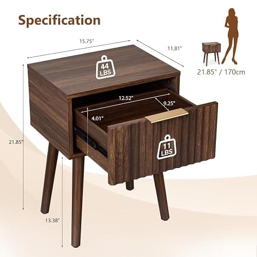 VINGLI Night Stand Set 2, Fluted Nightstands with Drawer, Mid Century Modern Nightstands Set of 2, Bedside Table, End Table, Wood Nightstand for Bedroom, Walnut, 15.75" W*11.81" D*21.85" H thumbnail 2