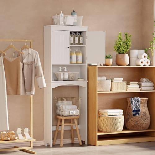 Gizoon Over The Toilet Storage Cabinet with Adjustable Shelf and Double Doors, Bathroom Space Saver Organizer Above Toilet with Open Shelf, Taller Wooden Free Standing Toilet Rack -White thumbnail 7