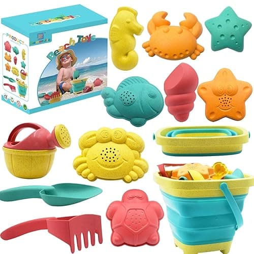 Beach Toys for Kids - Sand Toys Set Includes Collapsible Sand Bucket Shovel and Sand Rake Toy for Beach 12 PCS, Sandbox Toys Sandcastle Building Kit with Waterproof Net (A) - Baby Beach Toys