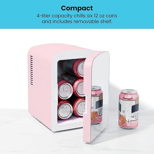 Chefman Portable Mirrored Personal Fridge, 4 Liter Mini Refrigerator, Skin Care, Makeup Storage, Beauty, Serums And Face Masks, Small For Desktop Or Travel, Cool & Heat, Cosmetic Application, Pink thumbnail 4