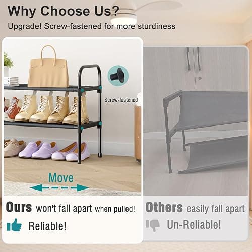 HITHIM 2 Tier Long Shoe Rack for Closet, Screw Fastened Plastic Connector Shoe Storage Organizer, Non-Woven Fabric Metal Shoe Shelf, Holds 18-21 Pairs for Front Door Entrance, 48.5"x12.1"x17.8" - 2 tier thumbnail 4