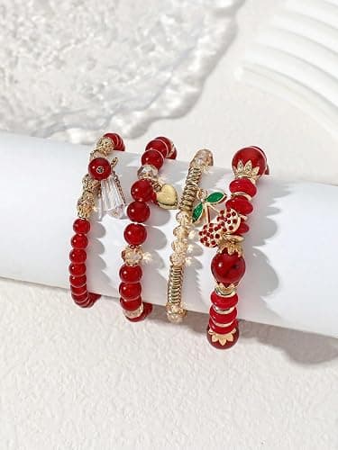 JWIGP 4Pcs Cherry Bracelet Set for Women, Red Beaded Pendant Stretch Layered Gold Plated Crystal Charm Bracelets Jewelry Stackable Boho Christmas Accessories Gift thumbnail 4