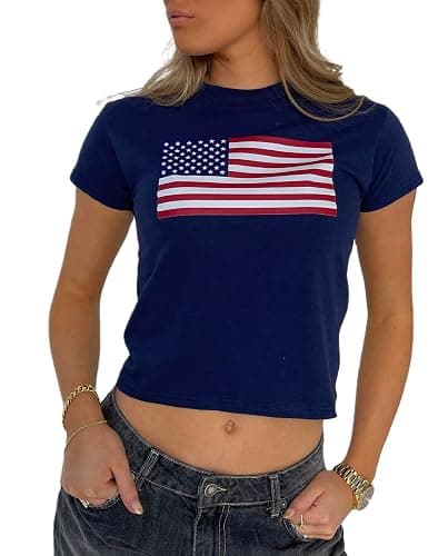 Women American Flag Graphic Crop Tops Independence Day Y2k Baby Tee for Teen Girls 4th of July Cropped Tshirt - Image 1