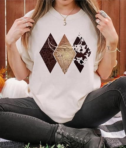 Women's Vintage Cowboy Western T-Shirts Cute Cow Skull Graphic Rodeo Shirts Funny Cowgirl Country Concert Tee Tops thumbnail 5