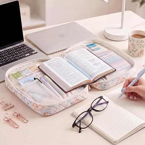 KOUDGY Bible Cover Case for Women Large Quilted Bible Carrying Bag with Handles Bible Study Supplies & Accessories Christian Gifts for Women(Spliced Flower, M) thumbnail 2