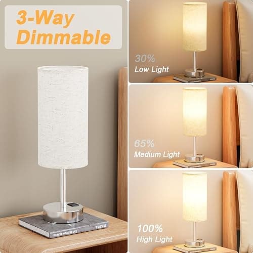 Dicoool Touch Table Lamp for Bedroom Nightstand - Bedside Lamp with USB-C USB-A Charging Ports White, 3 Way Dimmable Small Desk Lamp for Bedroom, Dorm Room, Office, Living Room, Reading, Bathroom thumbnail 6