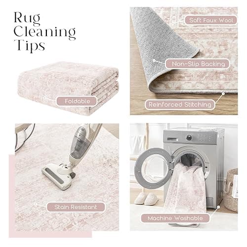 Nursery Rug for Baby Girl,Neutral Blush Pink Boho Cute Floral Foldable Machine Washable Soft Faux Wool Carpet Area Rugs for Living Room Bedroom Dorm Kids Playroom,5x7 thumbnail 4