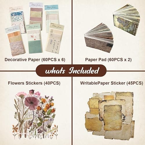 565 Pcs Vintage Scrapbook Paper Kit, Scrapbook Paper Supplies with Flowers Stickers, Journaling Decorative CraftPaper Set for Junk Journal, Retro Crafts thumbnail 4