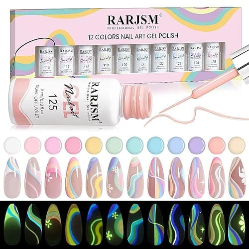RARJSM Glow in The Dark Nail Art Gel Liner 12 Soft Pastel Colors Neon Green Blue Purple Pink Painting Luminous Polish Set UV LED Curing Requires Thin Brush for Swirl Nails Design - Image 1