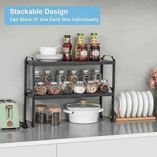 2 Pack Expandable Cabinet Countertop Shelves, Stackable Shelves Organizers For Kitchen Cabinet Countertop Storage, Adjustable Counter Cupboard Pantry Organizer Shelf Rack Stand, Length:20.5" thumbnail 5