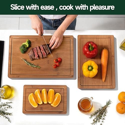 Zeawec 3-Piece Set Bamboo Cutting Board for Kitchen - Crack-Resistant Wood Chopping Boards with Deep Juice Grooves, Pre-Oiled Butcher Block for Meat, Vegetables & Cheese, Carbonized thumbnail 7