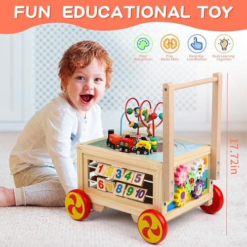 Wooden Activity Cube 7-in-1 Montessori Toys for 1+ Year Old Boys Girls Educational Learning Toys for Toddlers Age 1-2 One Year Old First Birthday Gift Bead Maze Magnetic Trains Track Shape Sorter thumbnail 3