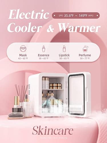 BOGDA Mini Skincare Fridge (4 Liter/6 Can) with Dimmable LED Light Mirror, Cooler and Warmer for Refrigerating Make Up, Skin Care and Food, Portable Mini Fridge for Bedroom, Office and Car, White thumbnail 2