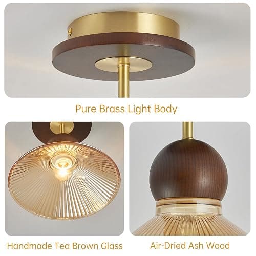 Brown Glass Wood Brass Semi Flush Mount Ceiling Light Vintage Hallway Light Fixture, Mid Century Modern Farmhouse Ceiling Mount Lamp Light Fixture for Bedroom Kitchen Entryway Laundry Room Porch Foyer thumbnail 4