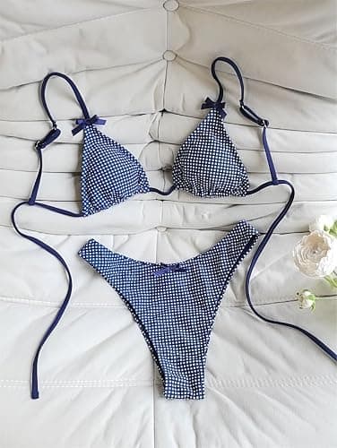 seamoly Women's Bikini Sets Tie Back Bowknot Two Piece Swimsuits Triangle Thong Bathing Suit Gingham Floral Cherry Printing thumbnail 3