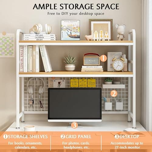 IOTXY 2-Tier Desktop Hutch Bookshelf - Metal Desk Shelf Bookcase with Grid Panel, Countertop Storage Organizer Rack for Dorm or Office, White, 45.3" W thumbnail 4