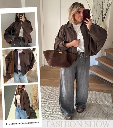 Bnigung Womens Faux Suede Bomber Jacket Oversized Long Sleeve Cropped Coat | Lightweight Going Out Suede Jackets, 2 Pockets, Lapel Collar, Batwing Sleeve, Zip up, Outerwear for Casual Daily Vacation thumbnail 2