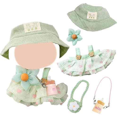 5 Pcs Doll Clothes for 17cm Dolls,Summer Youth Doll Clothes Accessories Set with 1 Green Strap Dress 1 Sunshade Hat 1 Bag 1 Bottle Decoration for Girls Boys Kids Birthday Gifts,No Doll - Image 1