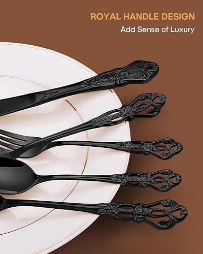 EUIRIO 40 Pieces Black Silverware Set, Royal Retro Flatware Set for 8, Stainless Steel Cutlery Set with Luxury Forks Spoons and Knives, Utensils Set Mirror Polished, Dishwasher Safe thumbnail 4