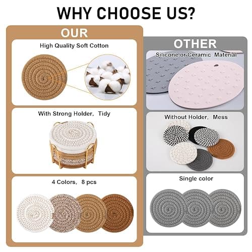 OIAHOMY 8 Pcs Coasters with Holder, Coasters for Drinks, Woven Cotton Absorbent Coaster Set for Kinds of Cups, Housewarming Gifts for Home Decor -Yellow thumbnail 4