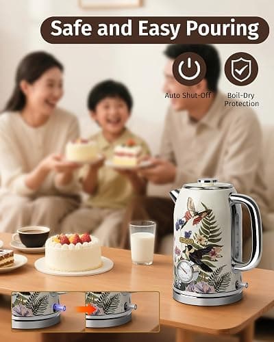 INFOOD Retro Electric Kettle 1.8L/60.8oz with Thermometer - 1200W Fast Boiling Stainless Steel Tea Kettle with Water Level, BPA-Free, Auto Shut-Off, Boil-Dry Protection, Vintage Floral Design thumbnail 4