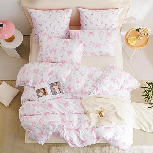 CCoutueChen Duvet Cover Full 3Pcs Pink Floral Bow Bedding Set for Girls Kids, Romantic Princess Style Bowknot Bedding, Ultra Soft Reversible Garden Flower Duvet Cover Set(2 Pillowcases,No Comforter) thumbnail 4