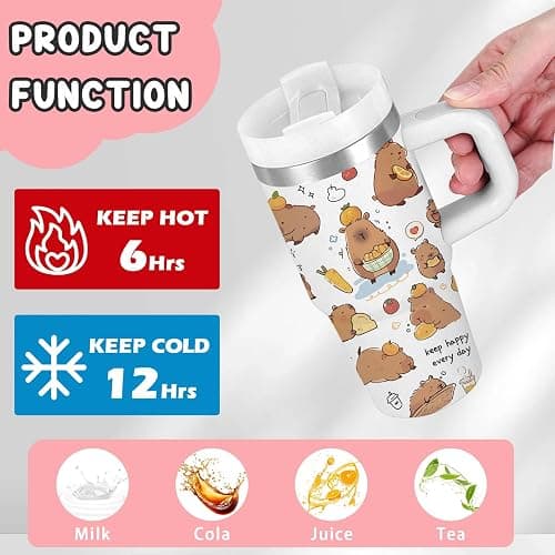 Capybara Gift for Women, 14oz Capybara Tumbler with Handle, Lid & Straw - Vacuum Insulated Stainless Steel Travel Mug - Hot/Cold Car Cup for Commuting, Office - Kawaii Water Bottle Gifts for Adults thumbnail 5