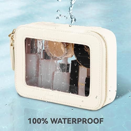 Prite Clear Makeup Bag Cosmetic Organizer Case Waterproof Travel Toiletry Bag Skincare Pouch with Golden Zipper(Beige) thumbnail 6