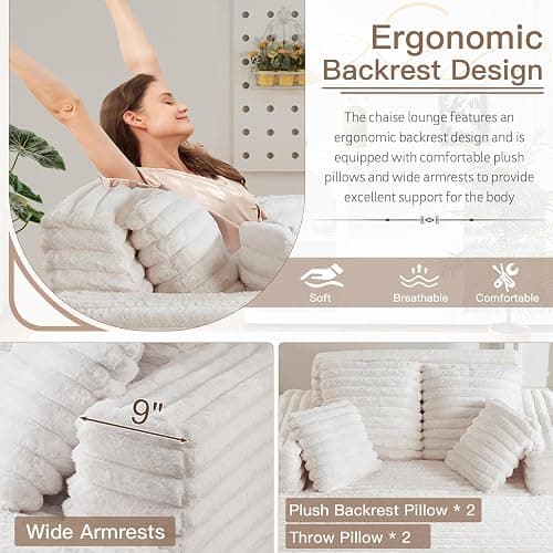 JEEOHEY 56" Oversized Chaise Lounge Chair Indoor,Plush Faux Fur Sleeper Sofa Couch Bed with Pillows&Wide Armrests,Fluffy Comfy Cloud Couch,Compression Foam Couch for Living Room,Bedroom(Beige) thumbnail 4