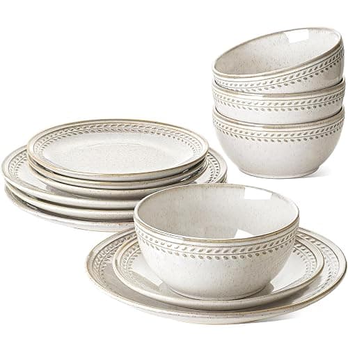 LE TAUCI Plates and Bowls Sets for 4, 12 Piece Ceramic Dinnerware Sets, Kitchen Stoneware Dish Set, Chip Resistant, Microwave & Dishwasher Safe, Reactive Glaze Beige (8"&10" Plate, 27oz Bowl) - Image 1