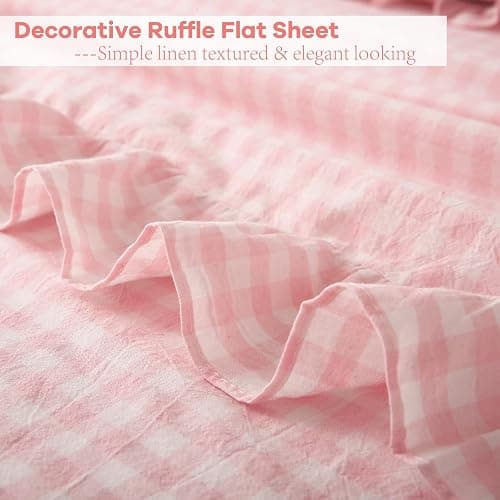 K MASANIJI Peach Blush White Plaid Ruffle Gingham Sheets Twin XL Size 4-Piece Set, 300TC 100% Yarn Dyed Linen Feel Cotton Sheets 18 in Deep Pocket Kids Preppy Bedding (Blush/White Plaid, Twin XL) thumbnail 3