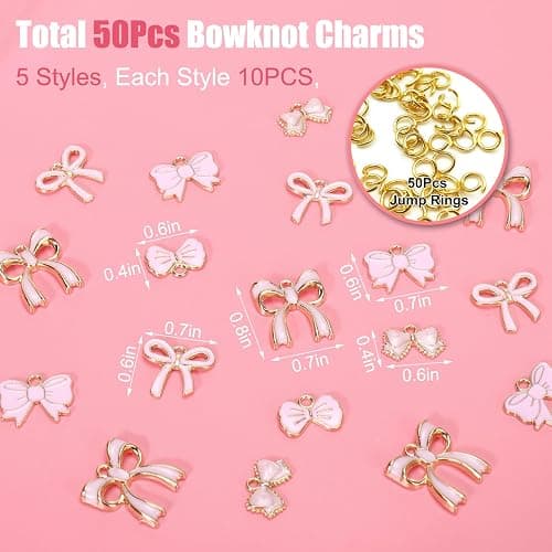 Solldgt 50 Pcs Pink Bow Charms for Jewelry Making - Cute Bowknot Charms Alloy Enamel Bow Tie Pendants Charm for Women DIY Making Bracelets Earrings Necklace Craft Supplies thumbnail 5