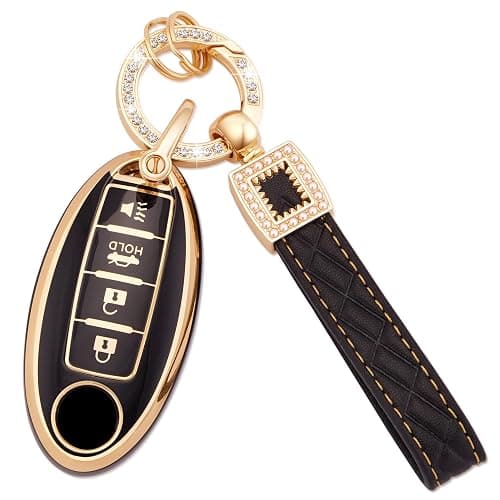 EKALA for Nissan Key Fob Cover Soft TPU Key Shells with Leather Keychain Lanyard Fit for Nissan Altima Armada Maxima Sentra Rogue Pathfinder 4 Buttons Key Fob Case Black Gold (BP-Nisn-4) - Image 1