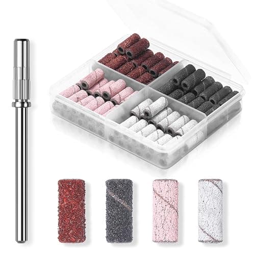 Makartt Nail Drill Bits Sanding Bands for Nail Drill, 100Pcs 4 Color Coarse Fine 80/120/180/240 Grit File Sand with 3.1mm Mini Mandrel Nail Bit Set for Acrylic Nails Gel Manicures and Pedicure - Image 1