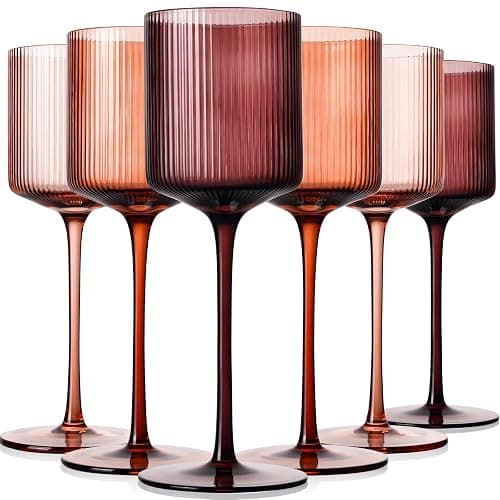 Melanin Colored Square Wine Glasses Set of 6, Elegant Ribbed Design Amber Crystal Glassware with Long Stem, 11.5oz Hand Blown Red & White Wine Stemware For Home Bar Deco,Party,Wine Dinner- Multicolour - Image 1