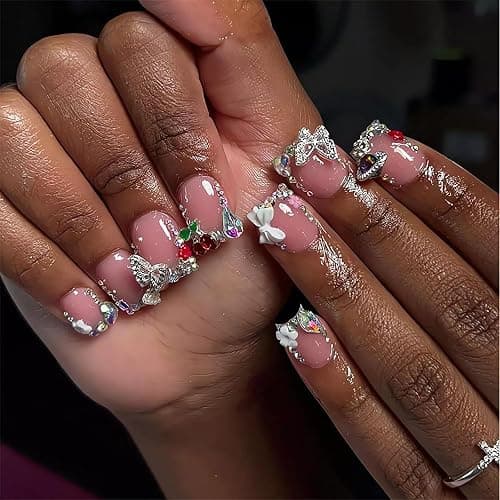 LPOODDNU 3D Press on Nails with Charms Short Square Fake Nails Glossy Pink Rhinestones Bows Crystal Butterfly Glue on Nails Luxury Acrylic Nail Kit Reusable Stick on Nails for Women Manicure, 24Pcs - design5 - Image 1