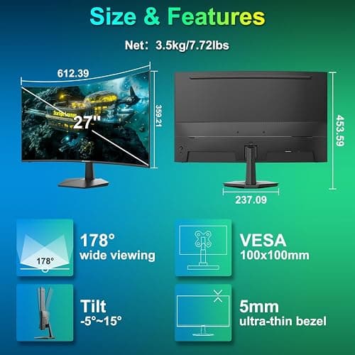 SANSUI Curved Monitor 27 inch 120Hz USB Type-C Computer Monitor with Speakers Built in丨FHD 1080p丨HDR丨110% sRGB丨1500R丨VESA Compatible,for Tablet,Desktop,Laptop and PC Work Gaming thumbnail 8