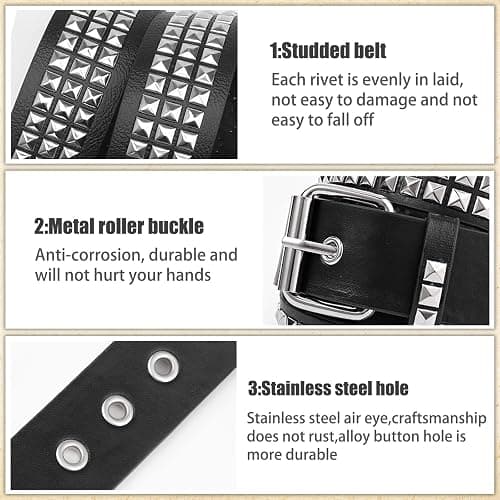 AEXHOT 3 Pcs Black Studded Belt Y2K Belt Star Gothic Punk Rock Belts with Grommet Threads Bright Metal Pyramid for Women Men thumbnail 5