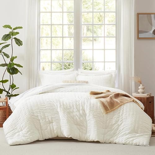 CozyLux Full Size Comforter Sets with Sheets Seersucker 7 Pieces Ivory Bed in a Bag Textured Luxury Soft Bedding Set with Down Alternative Comforter, Sheets, Pillowcases & Shams for All Seasons thumbnail 3