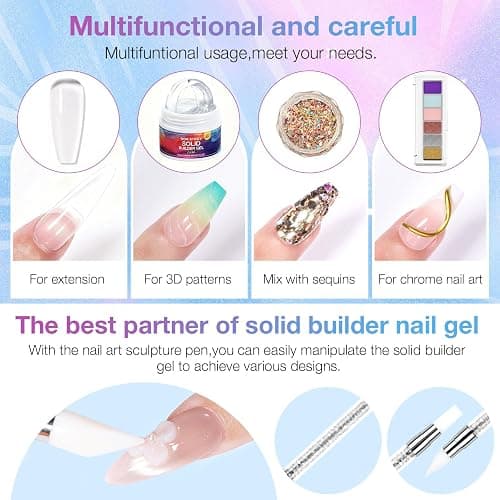 GELLAKTIK All-in-One Solid Builder Nail Gel Kit: 60g Hard Gel with 3D Mold, 6-Color Powders & Nail Art Tools (Nail File, Cuticle Pusher, Pen), Non-Sticky for Nail Extension, DIY Salon, UV/LED Cured thumbnail 4