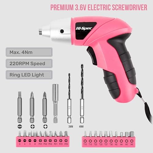 Hi-Spec Small Electric Screwdriver, Mini Drill Set, Rechargeable 3.6V Cordless Screwdriver with 26 Driver Bits, Power Tool for Small Projects & Home Use, Pink thumbnail 3