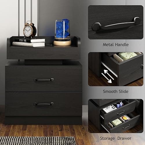 4ever2buy Black Nightstand with Charging Station and LED Lights | 2 Drawer Night Stand for Bedroom, Modern Bedside Tables End Table for Living Room thumbnail 4