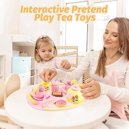 Tea Party Set Wooden Tea Sets for Toddlers 3-5 Play Food Pretend Play Toys Kids Tea Set for Girls 6-8 Birthday Gift Wooden Tea Party Set for Little Girls 3 4 5 6 Years Old Outdoor Tea Time Game thumbnail 6