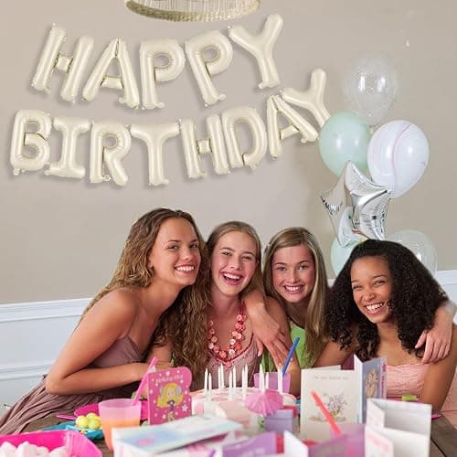 Beige Happy Birthday Ballons Banner,Happy Birthday Luftballon Girlande 16 Zoll Silver Folie Happy Birthday Folienballon Luftballon Helium Ballon Geburtstagsballon Banner für Geburtstag Party thumbnail 6