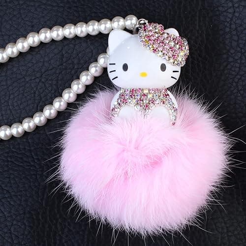 Cute Mirror Charms and Plush Ball Car Accessories for Women - Crystal and Diamond Cat Rear View Mirror Hanging Ornaments and Decor thumbnail 2