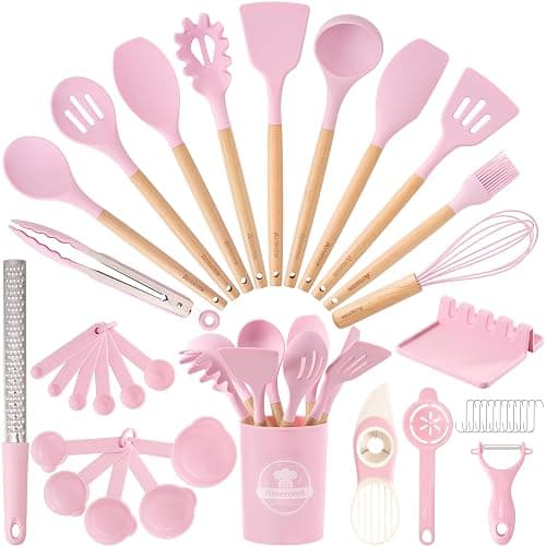 Astercook Kitchen Utensils set, 39 PCS Silicone Cooking Utensils Set with Wooden Handle, 446°F Heat Resistant Food Grade Utensil Sets, BPA Free Kitchen Gadgets Tools Set for Nonstick Cookware (Pink) - Image 1