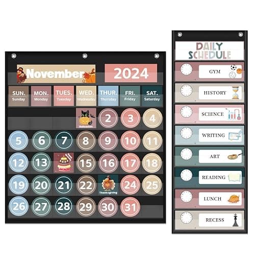 Monthly Calendar Pocket Chart for Classroom, Printed Days of The Week with Cards, Learning for Home or Kindergarten, Teacher Must Have Supplies That Fits Any School Décor (Black Calendar+Daily Schedule) - Image 1