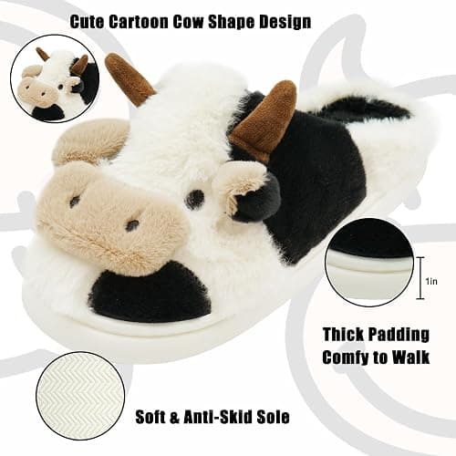 Nackiy Cow Slippers for Women & Men, Cute Animal Fuzzy Slides, Soft Cotton Plush Indoor Outdoor Shoes for Bedroom Living Room House thumbnail 4